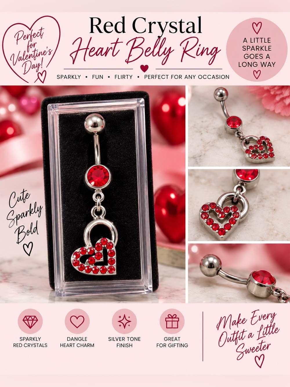 💕Perfect for Valentine’s Day! 💕NWT Red Crystal Heart Dangle Belly Button Ring 2”